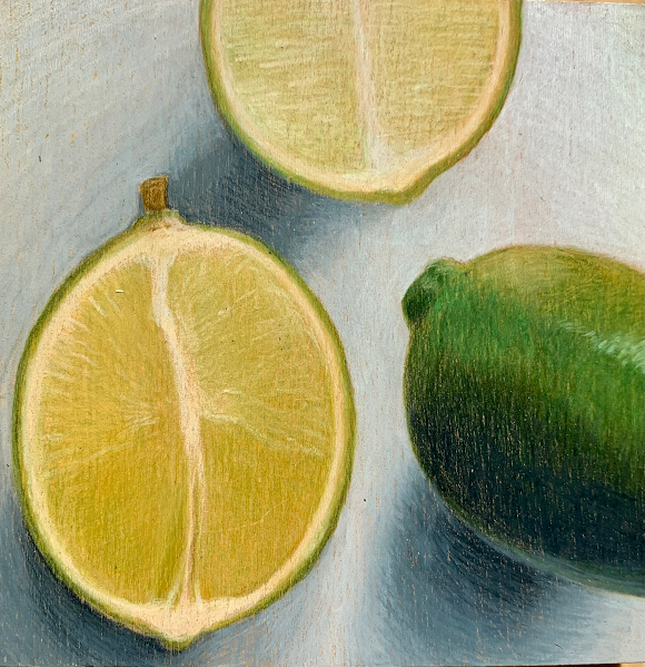 Two Limes, mixed media on panel, 4" x 4", private collection.