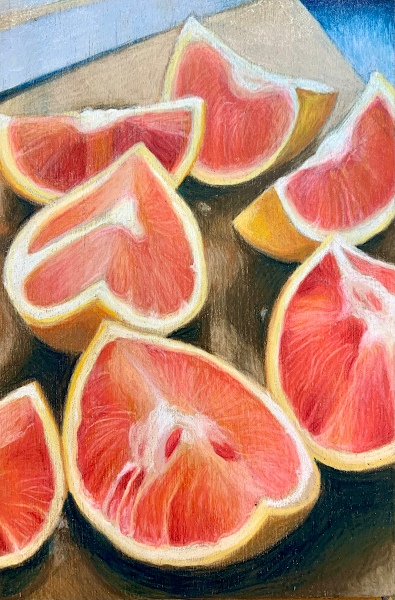 Pink Grapefruit, mixed media on panel, 4" x 6", private collection.