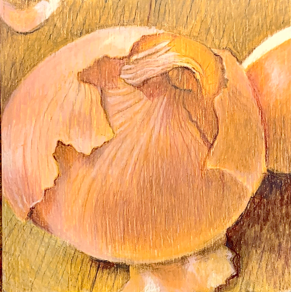 Yellow Onion, mixed media on panel, 4" x 4", $55. Original works are not available for sale online. Please call or email to purchase.