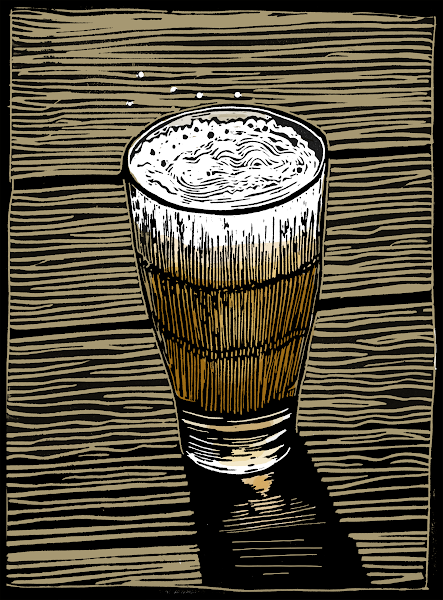 Cold One, hand-colored relief print on paper, 8" x 10". Original prints are available framed, matted, or unframed. This design is also available on a greeting card.